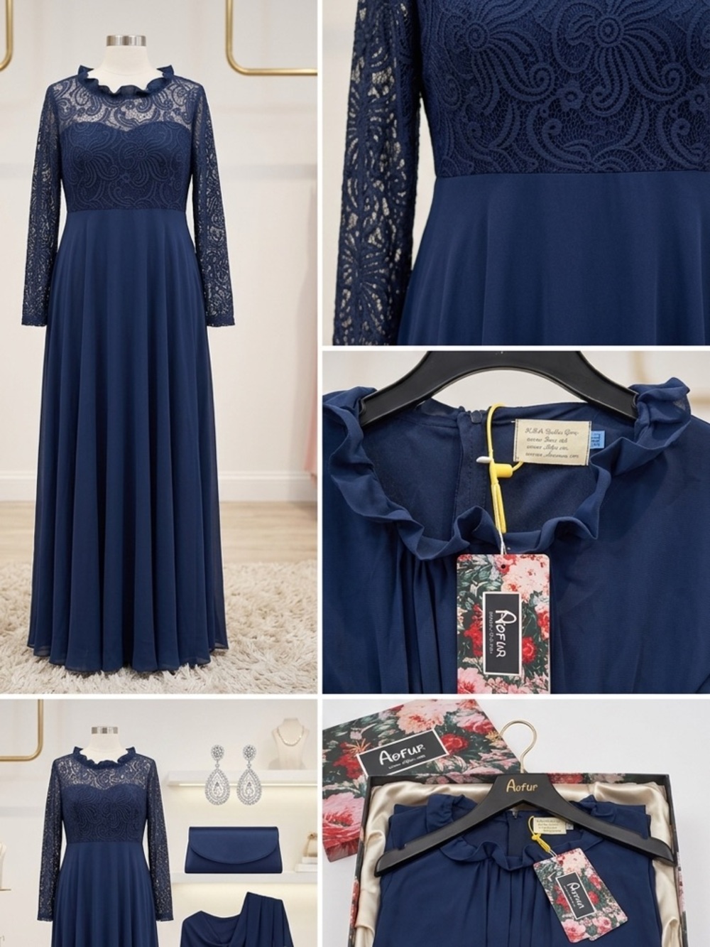 Navy Long Sleeve Lace & Chiffon Evening Dress